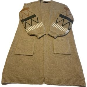 DOE & RAE  Long Open Cardigan Duster Sz S- Tan W/Patterned balloon sleeves